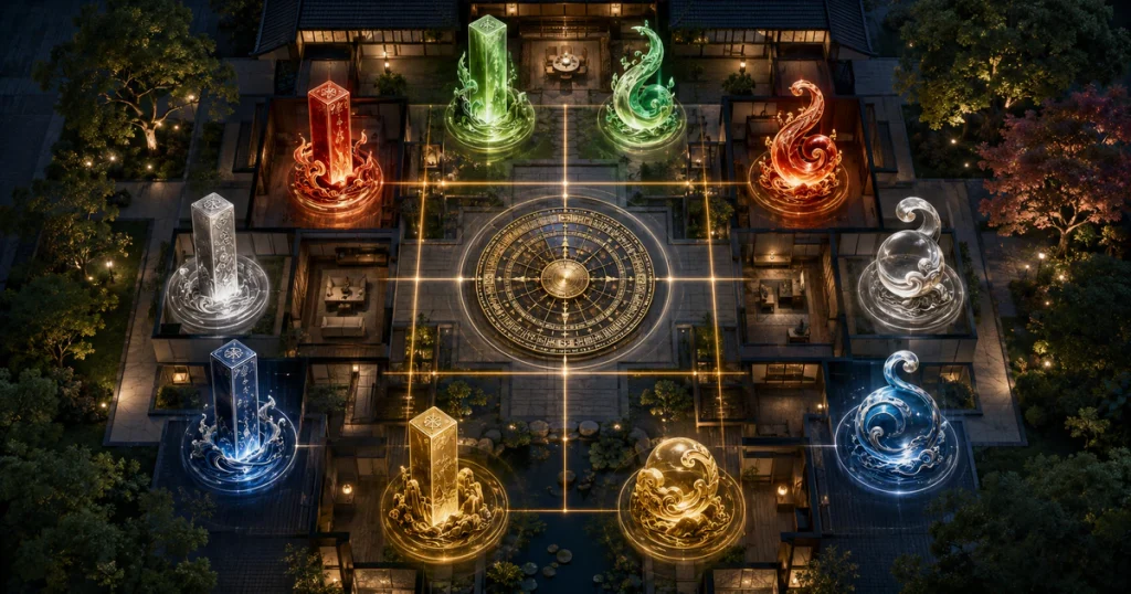 August 2026: cei 10 Maeștri ai Zilei, Feng Shui și echilibru personal 1 asă văzută de sus, structurată în nouă sectoare Feng Shui și înconjurată de zece simboluri ale Maeștrilor Zilei BaZi